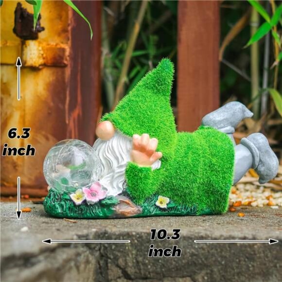 Garden Gnome Statue with Solar Crackle Glass Globe Lights, Resin Gnomes Statue - Picture 2 of 8